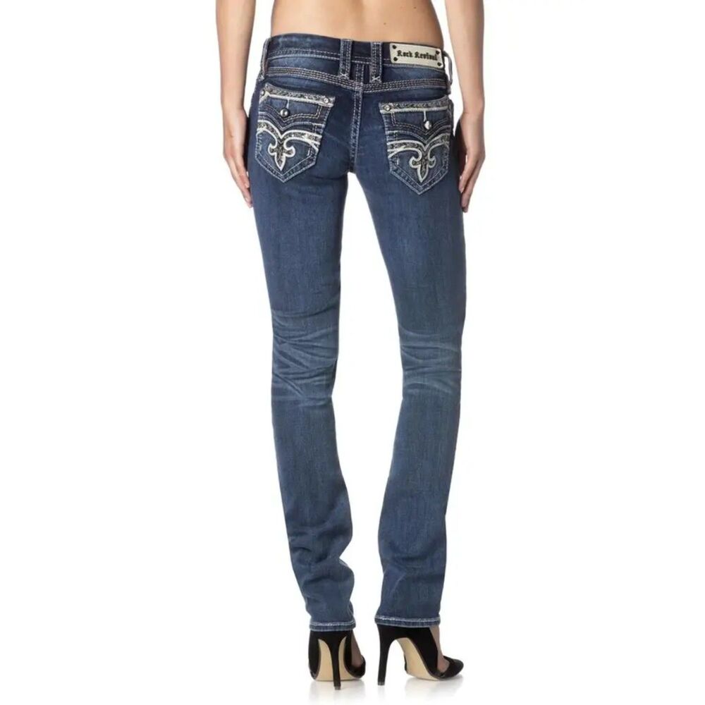Rock Revival Women's Straight Leg Jeans in Dark Blue with Embroidered Pockets